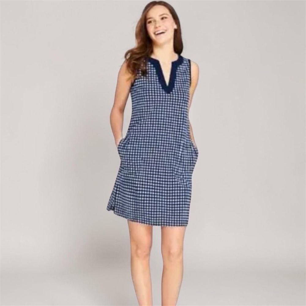 Draper James x Lands End Navy Gingham Cotton Sleeveless Dress S Preppy Nautical